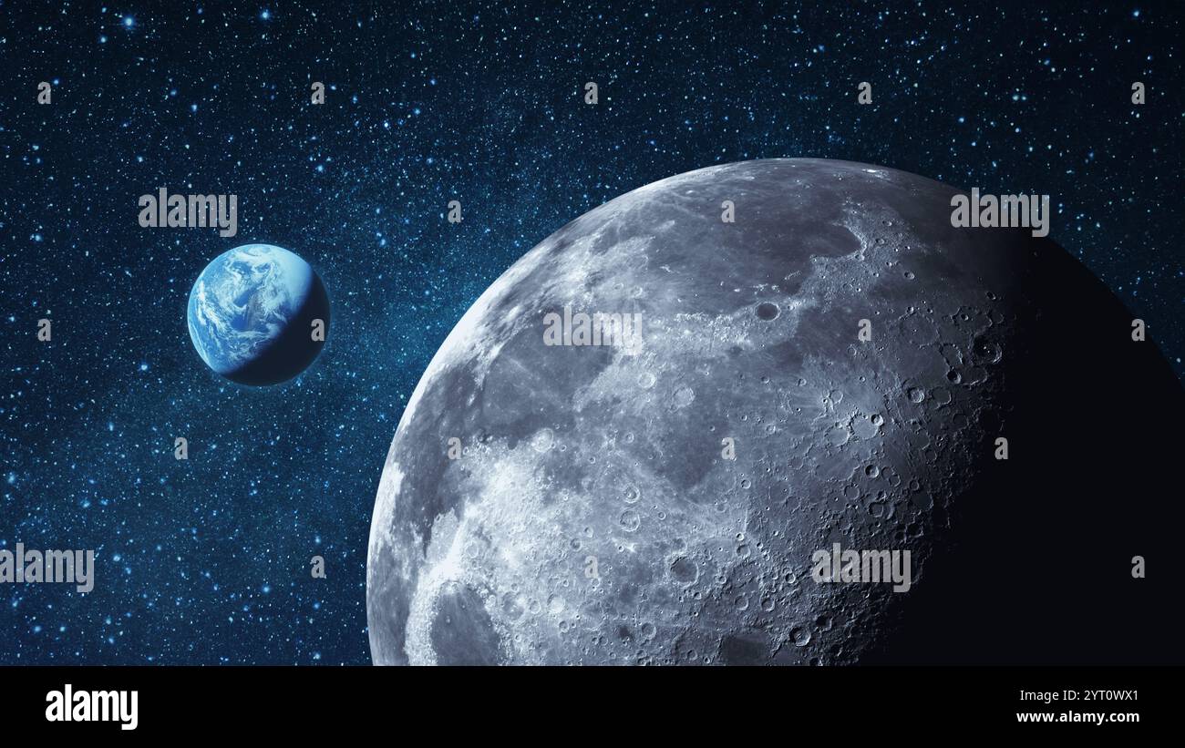 Luna con crateri e pianeta blu Terra nello spazio stellato. Superficie della luna e vista della terra. Esplorazione spaziale e missione lunare Foto Stock