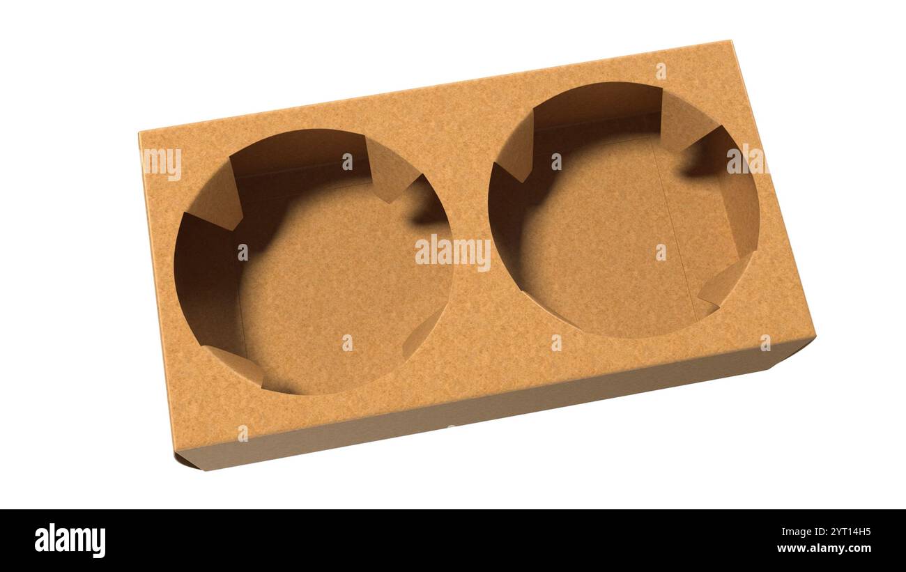 Un supporto di cartone progettato per contenere in modo sicuro due tazze, spesso utilizzato per le bevande da asporto. Foto Stock