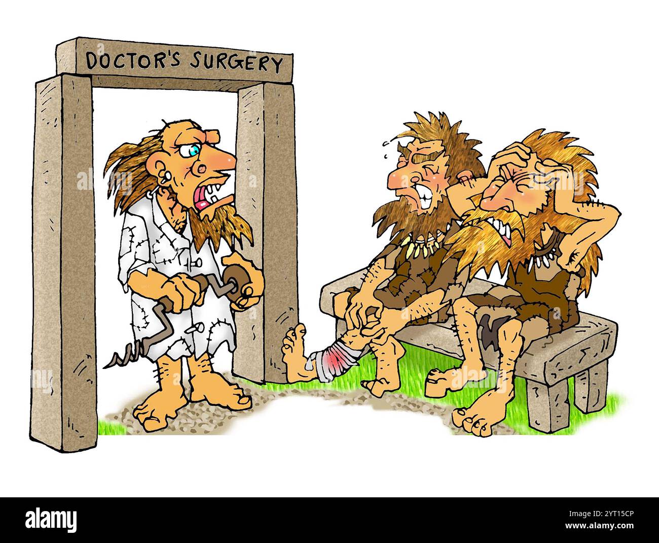 Cartoon: Come gli uomini delle caverne potrebbero affrontare le emergenze mediche, vestito caratteristica, libro, keynote, sulla medicina storica farmaceutica progressi medici nuovi farmaci Foto Stock