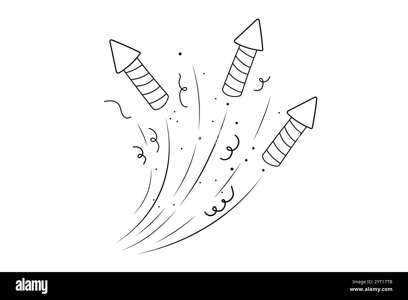 Fuochi d'artificio e razzo, un violino di saluto con esplosioni, luci ed esplosioni natalizie in stile doodle. Scintille disegnate a mano, firecracker su sfondo bianco. Festa, celebrazioni, evento. Illustrazione vettoriale Illustrazione Vettoriale