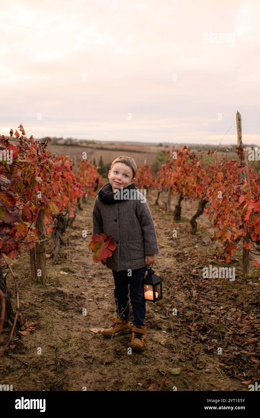 Piccolo ragazzo in un cappotto con luce su un vigneto in un campo in Grecia. Verticale Foto Stock