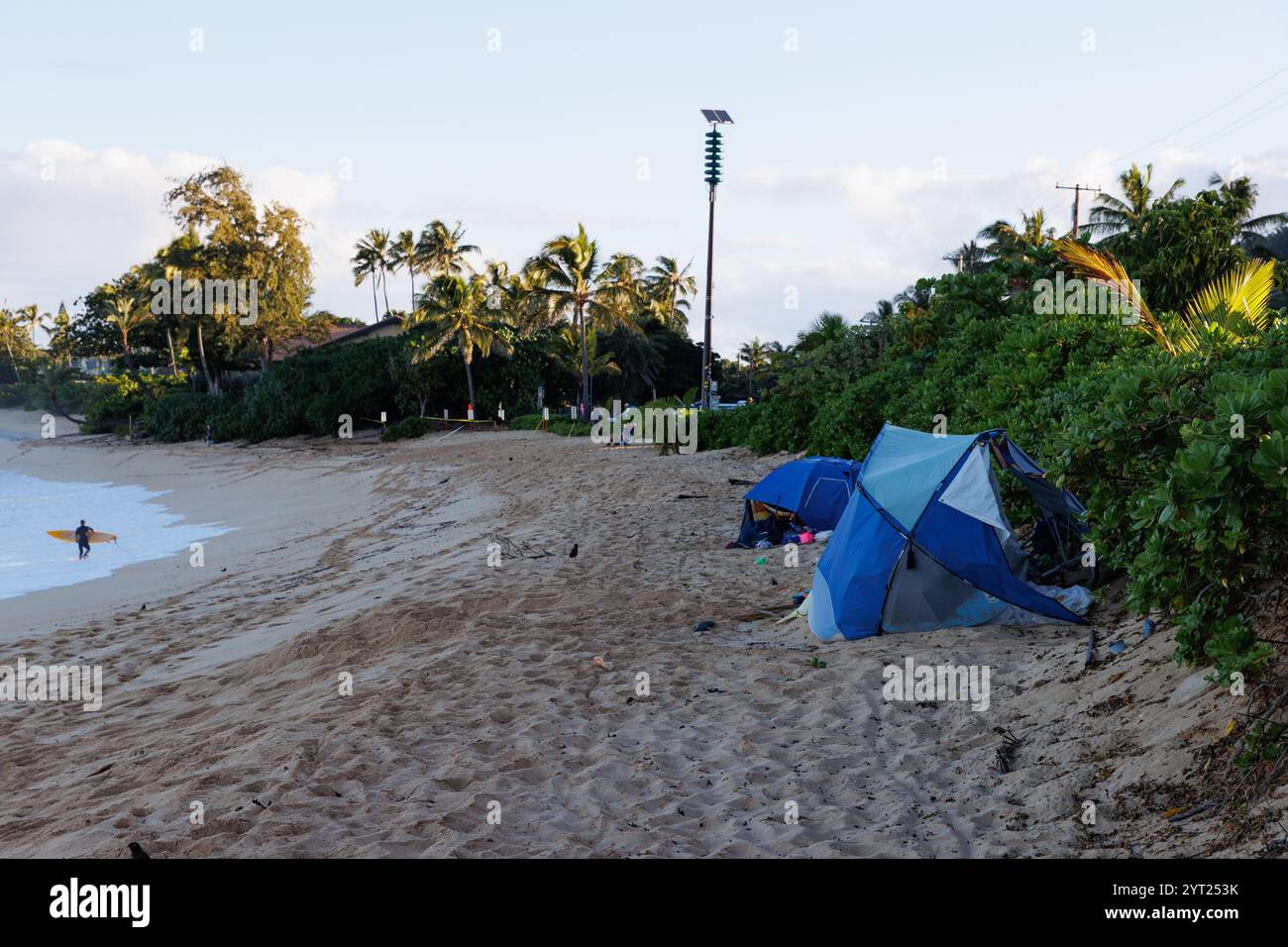 1 dicembre 2024. Sunset Beach, HI. Un surfista emerge dall'acqua vicino ai senzatetto che vivono in tende a Sunset Beach. Foto Stock