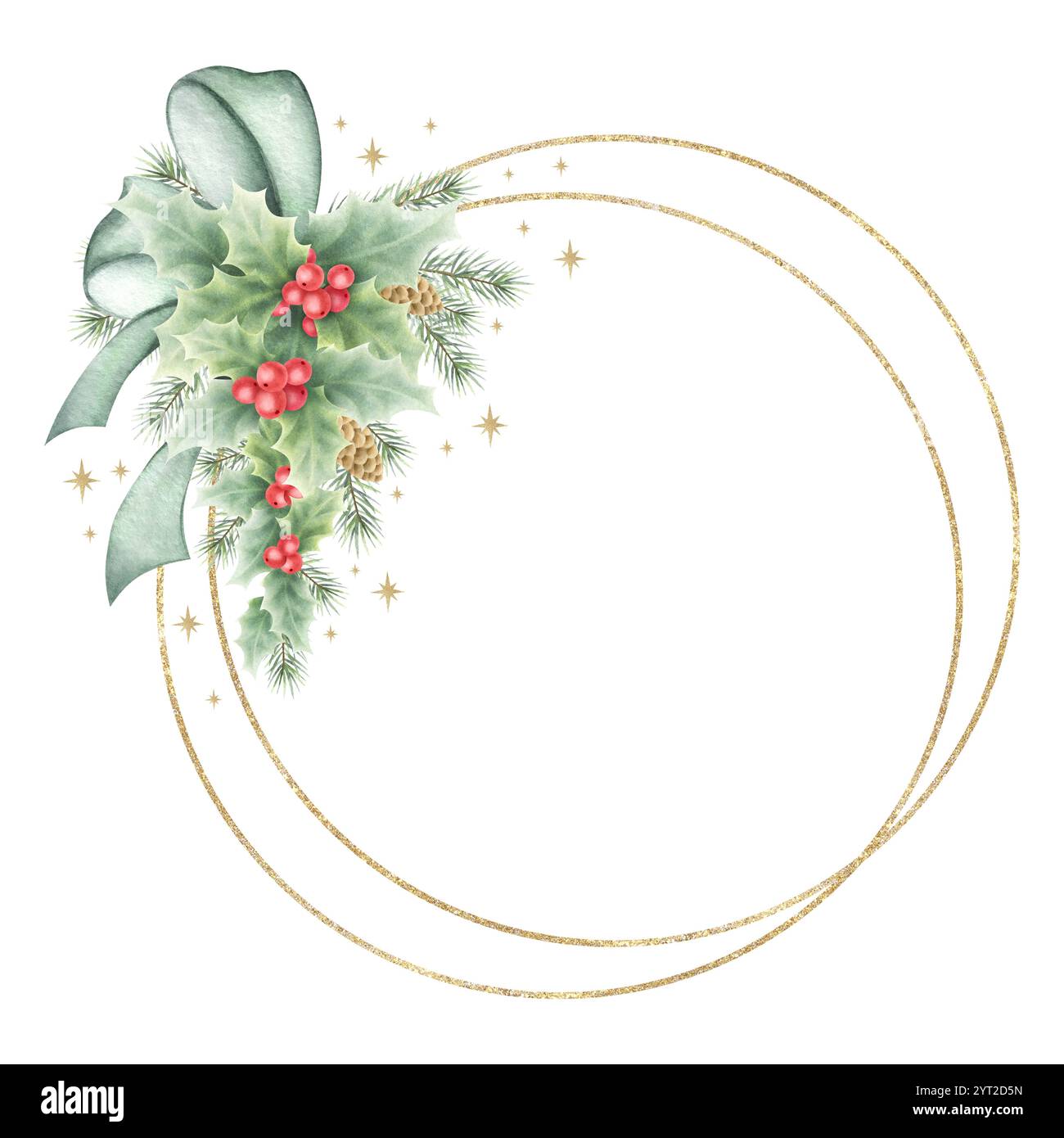 Rami di abete natalizio, coni, bacche agrifoglio e foglie legate in una corona rotonda di prua verde con doppia cornice dorata. Illustrazione isolata ad acquerello disegnata a mano per i modelli di biglietti di auguri di Capodanno. Foto Stock