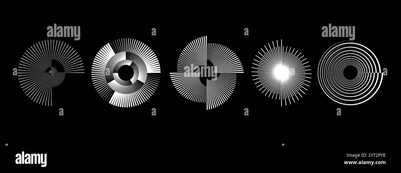 Set di motivi a spirale radiali bianchi. Raccolta moduli linea di velocità di rotazione circolare. Concetto di onde sonore a cerchio rotante. Raggio solare astratto o elementi del fascio per icona, logo, logo, etichetta, etichetta. Vettore Illustrazione Vettoriale