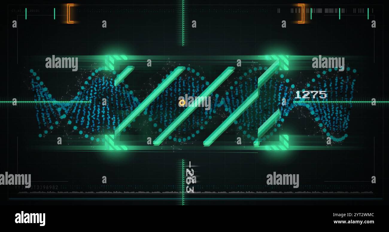 Immagine dell'elaborazione dei dati su filamenti di dna su sfondo nero Foto Stock