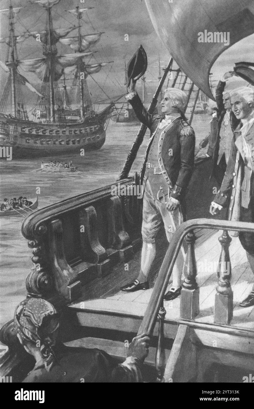 Jean-Francois de Galaup, conte de la Pérouse (1741 — 1788) saluta la bandiera britannica mentre lascia Botany Bay in Australia nel 1788. La Perouse era un ufficiale navale e navigatore francese che fece esplorazioni di vasta portata nell'Oceano Pacifico nella seconda metà degli anni '1780 Foto Stock