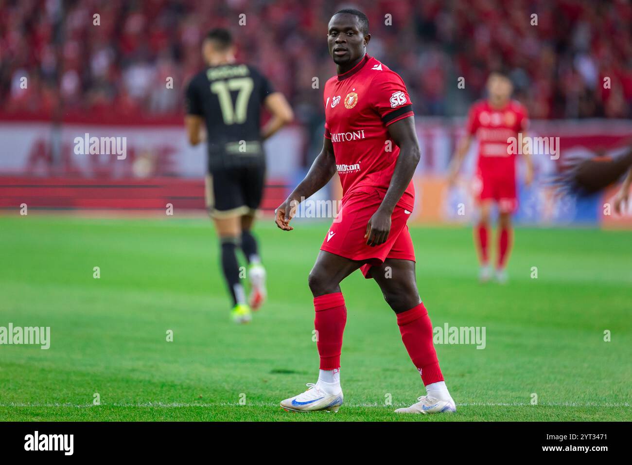 Hilary Gong di Widzew visto durante la partita polacca di PKO Ekstraklasa League tra Widzew Lodz e Radomiak Radom al Widzew Lodz Municipal Stadium. Punteggio finale; Widzew Lodz 3:2 Radomiak Radom. Foto Stock