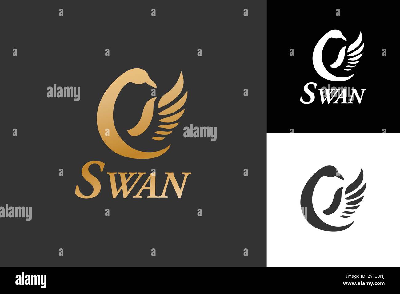 Questa immagine mostra un logo stilizzato a forma di cigno con variazioni oro e nero su sfondi bianchi e neri. Illustrazione Vettoriale
