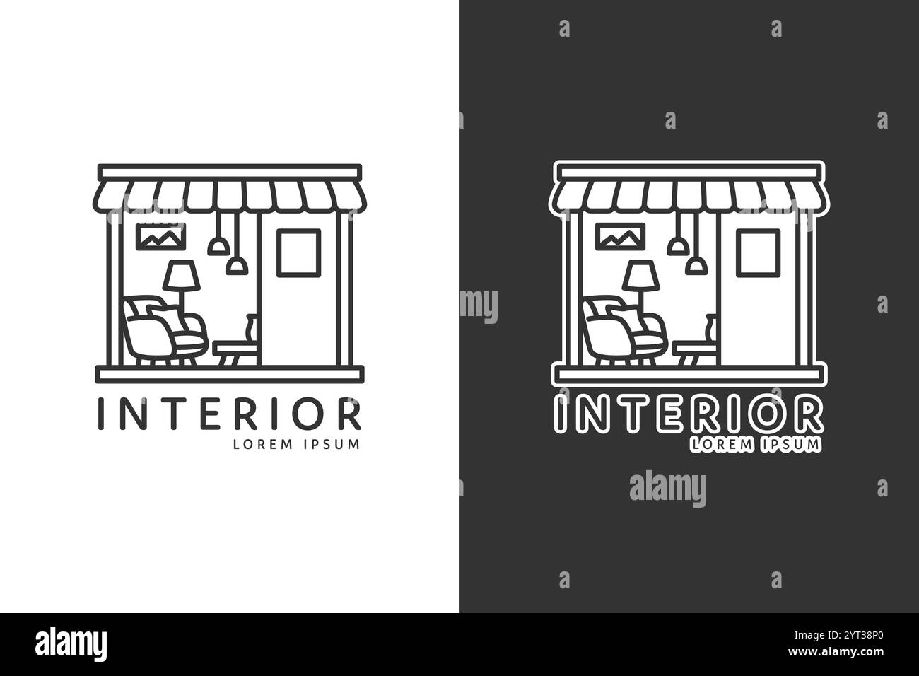 Un semplice logo grafico raffigura un negozio specializzato in design d'interni che mostra mobili e luci. Illustrazione Vettoriale