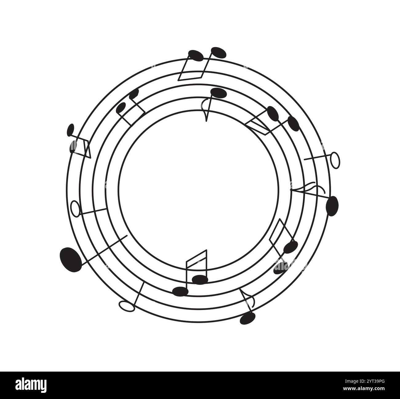 La musica nota l'onda. Composizione e produzione musicale. Melodie e canzoni. Brochure e opuscolo. Arrotondare con metà e ottava nota. Vettore piatto Illustrazione Vettoriale