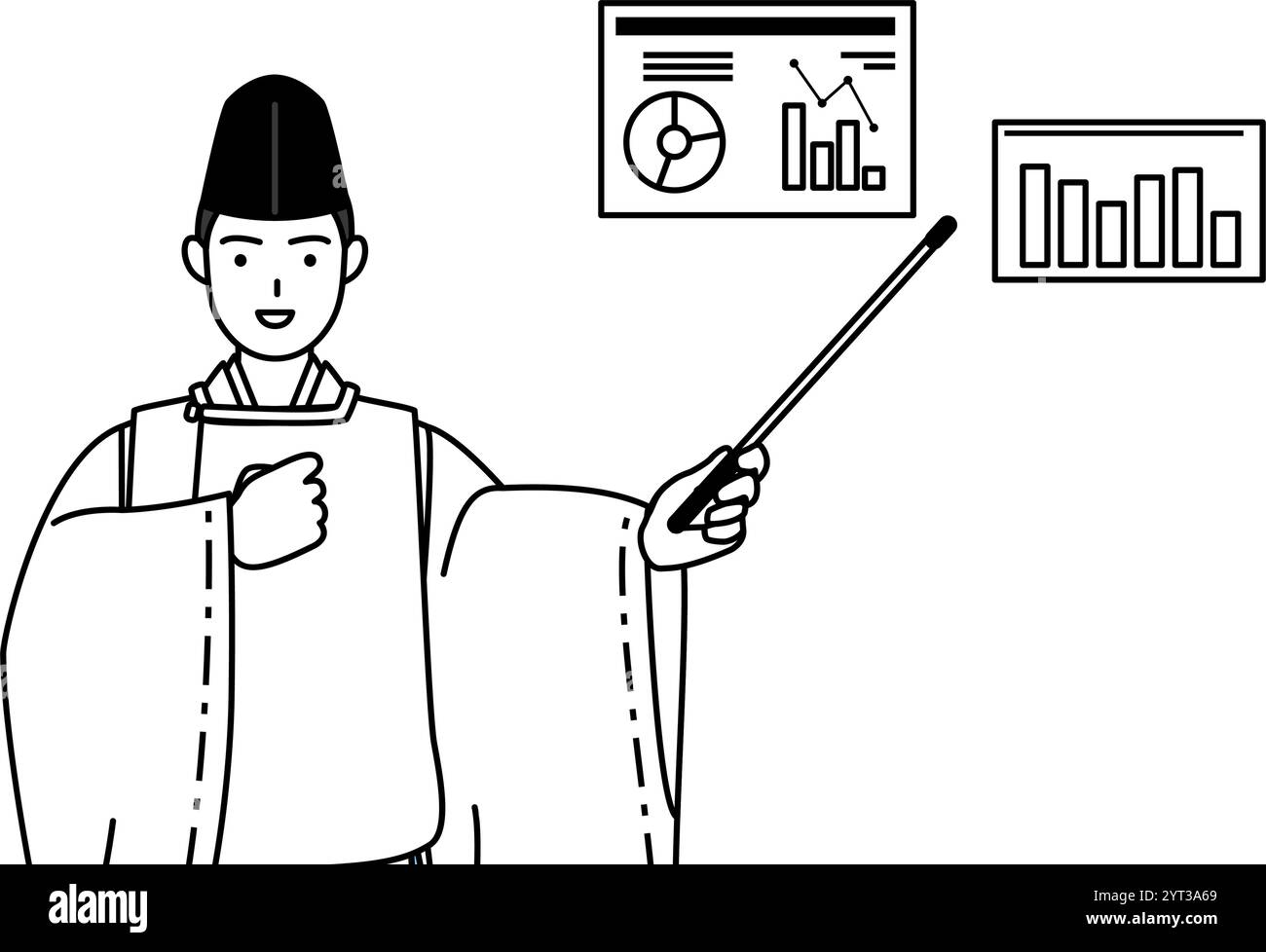 Sacerdote del santuario, indossando un Eboshi e Kariginu, analizzando un grafico delle prestazioni, illustrazione vettoriale Illustrazione Vettoriale