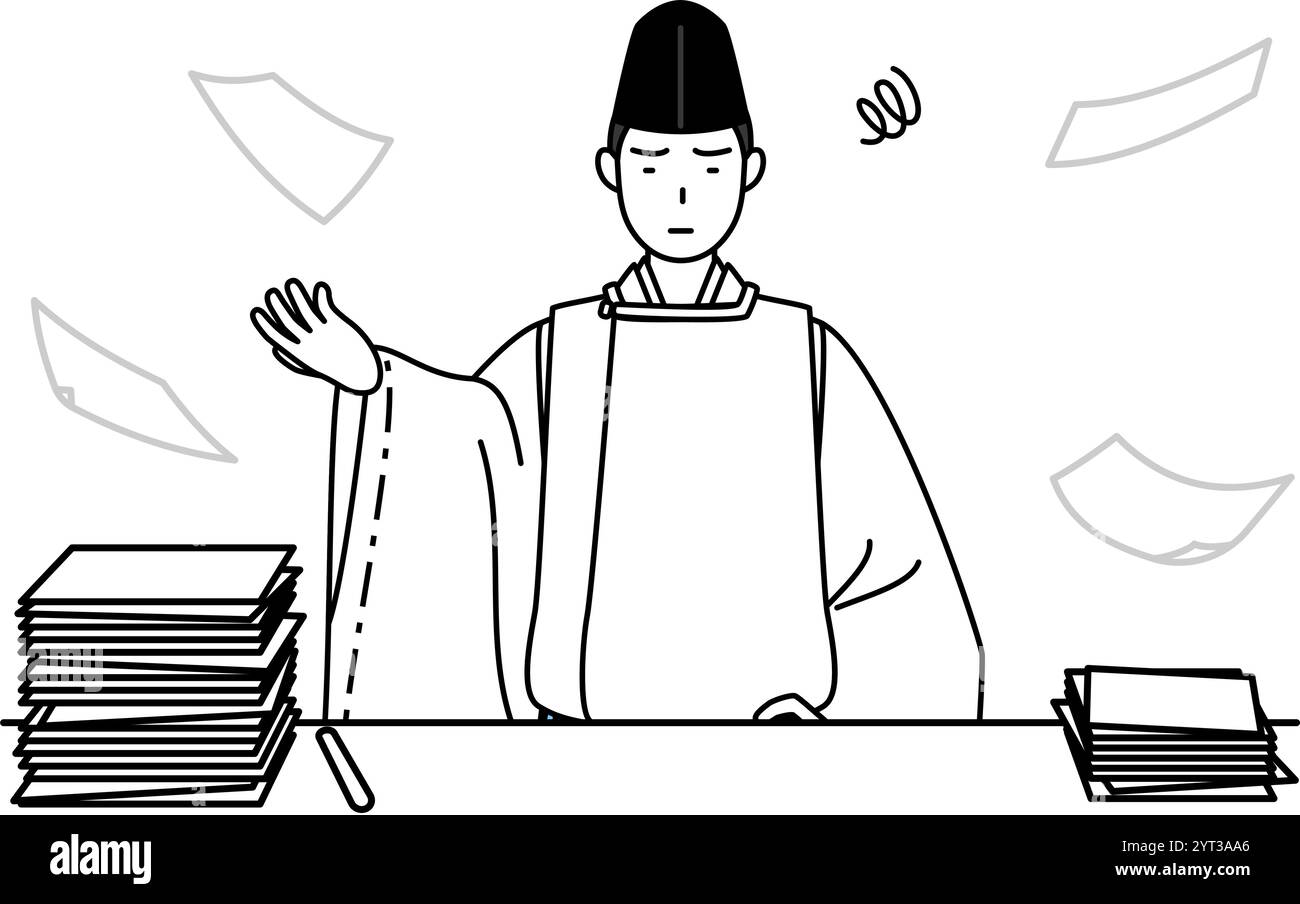 Sacerdote del santuario, con indosso un Eboshi e Kariginu, stanco dei suoi affari non organizzati, Vector Illustration Illustrazione Vettoriale
