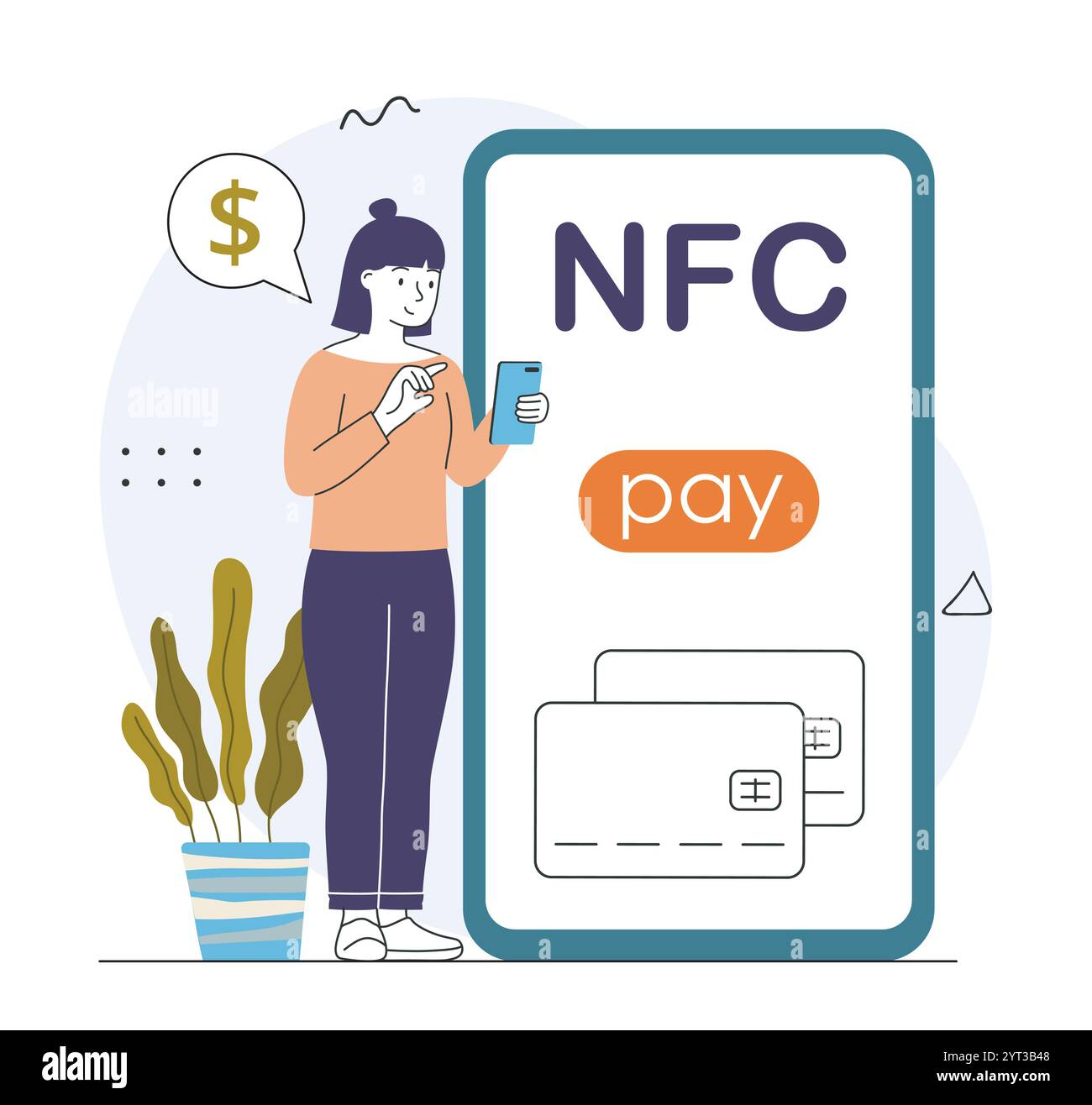 La donna paga tramite NFC. Pagamento wireless su Internet. Trasferimenti e transazioni senza contanti. Commercio elettronico e marketing. Illustrazione vettoriale lineare Illustrazione Vettoriale