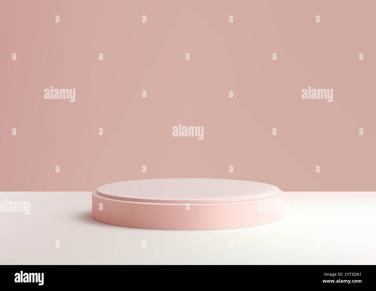 Podio minimalista rosa 3D su pavimento bianco con un delicato sfondo rosa pastello. Esposizione dei prodotti, mockup, branding per showroom e grafica creativa Illustrazione Vettoriale