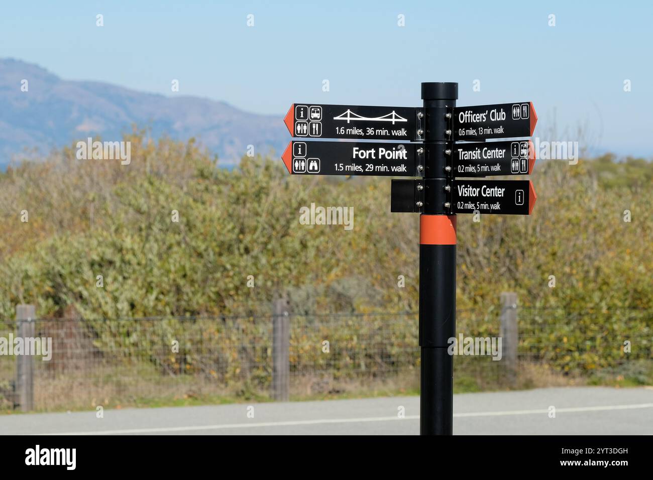 Cartello direzionale al Presidio di San Francisco, California; frecce che indicano Fort Point e il centro visitatori in una giornata di sole nella zona della baia. Foto Stock