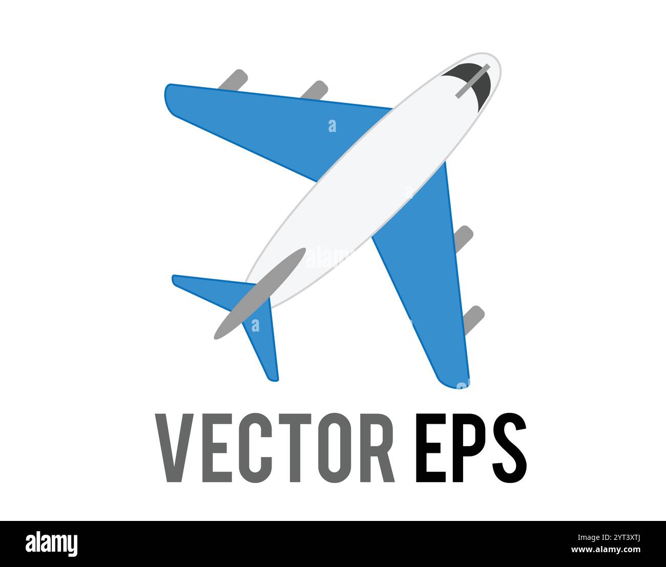 L'icona piatta dell'aeroplano bianco vettoriale con ali e motori blu rappresenta il viaggio aereo globale o la modalità di volo Illustrazione Vettoriale