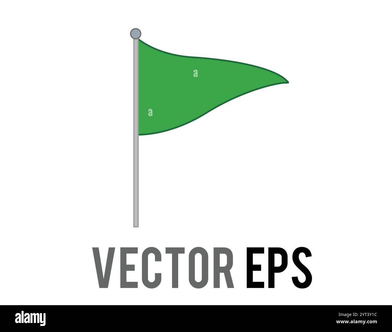 L'icona della bandiera verde triangolare del vettore isolato con asta d'argento. Più comunemente associato al golf, come mostrato nella bandiera nell'emoji della buca. Illustrazione Vettoriale