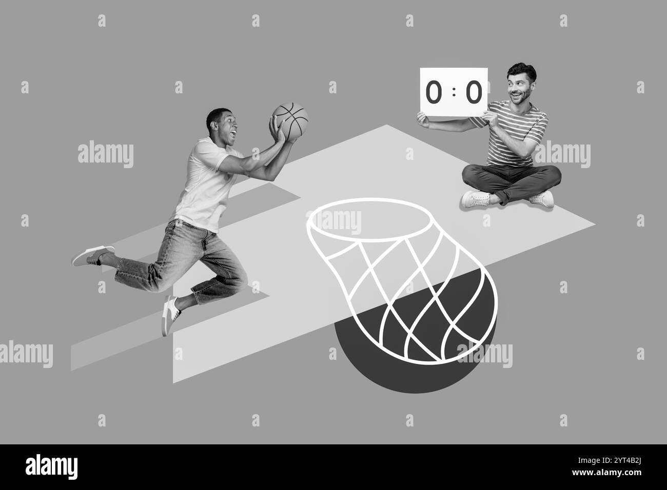 Immagine collage creativa di colori bianco nero due persone tenere scorecard salto tiro basket isolato su sfondo disegno Foto Stock