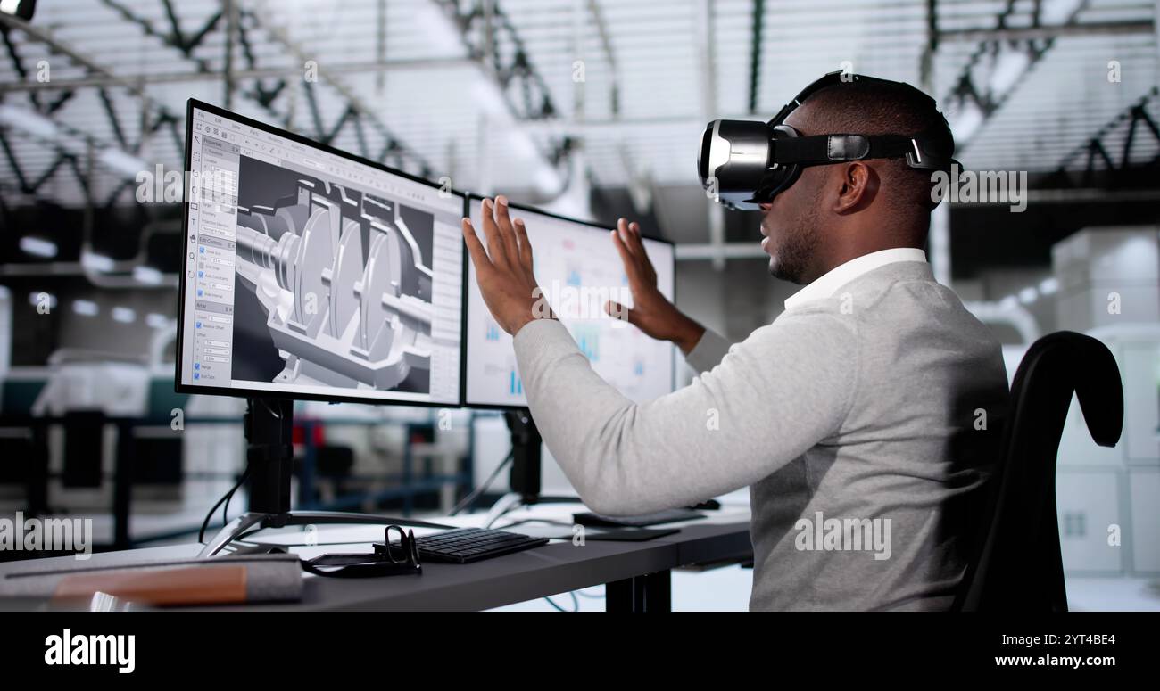 Tecnologia 3D per realtà aumentata. Progettista che utilizza AR e VR Foto Stock