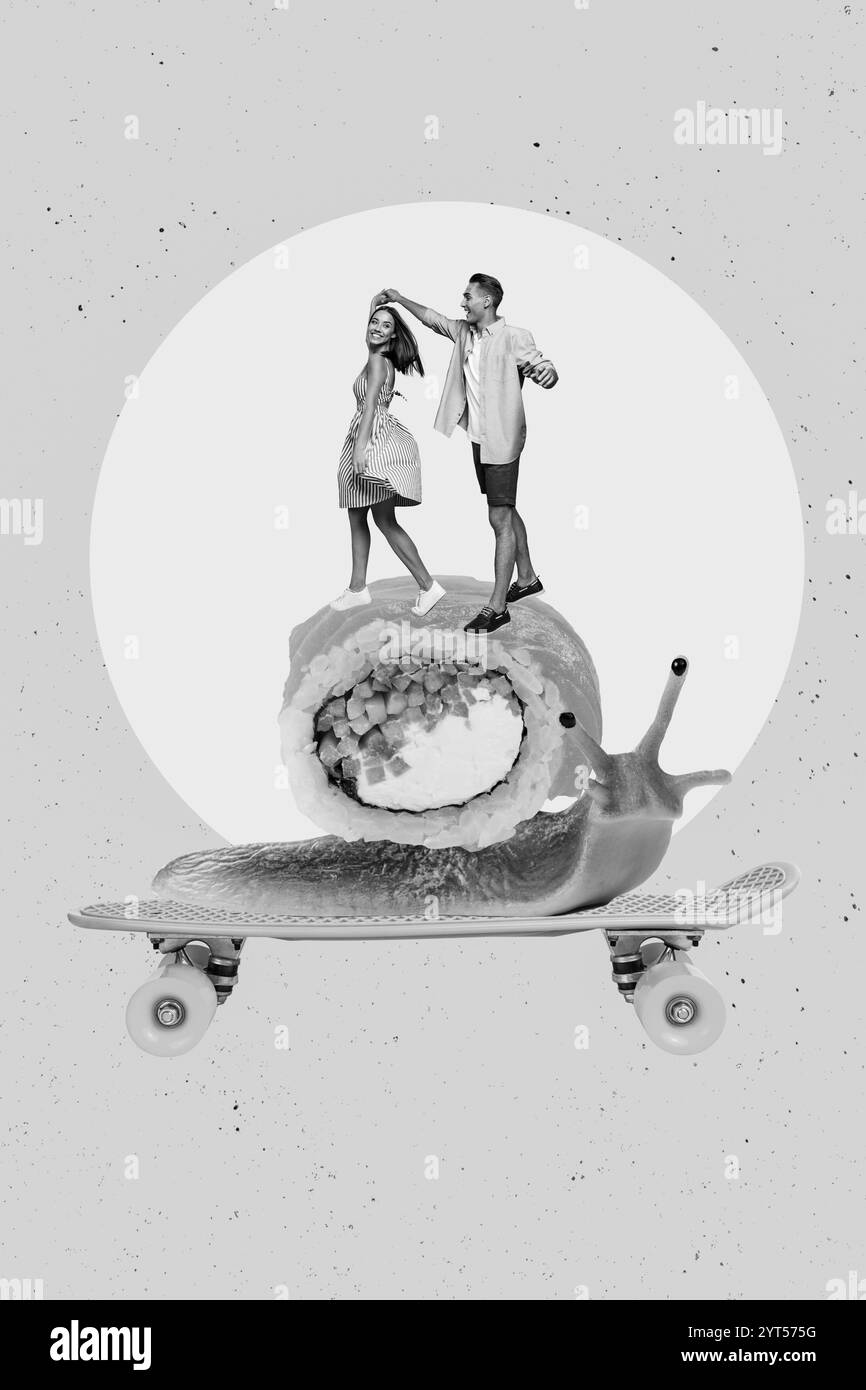 Foto creativa 3D collage grafica poster cartolina di persone divertenti in sella a una grande lumaca movimento data ristorante isolato su sfondo pittura Foto Stock
