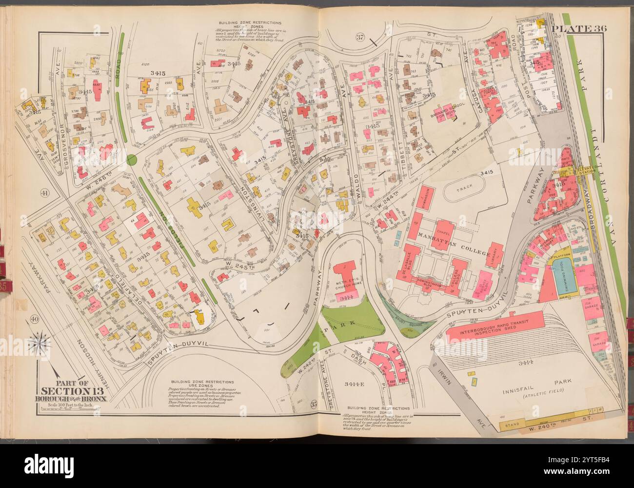 Double Page Plate No. 36, Part of Section 13, Borough of the Bronx: [Delimitato da W. 246th Street, Broadway, W. 240th Street, Irwin Avenue, Spuyten Duyvil Parkway and Henry Hudson Parkway] 1938 - 1957 Foto Stock