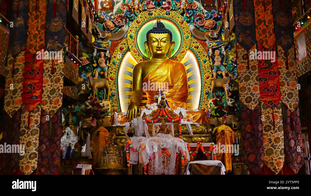 Statua del Buddha in una posa meditativa all'interno della sala principale del Monastero di Tawang, Tawang, Arunachal Pradesh, India. Foto Stock