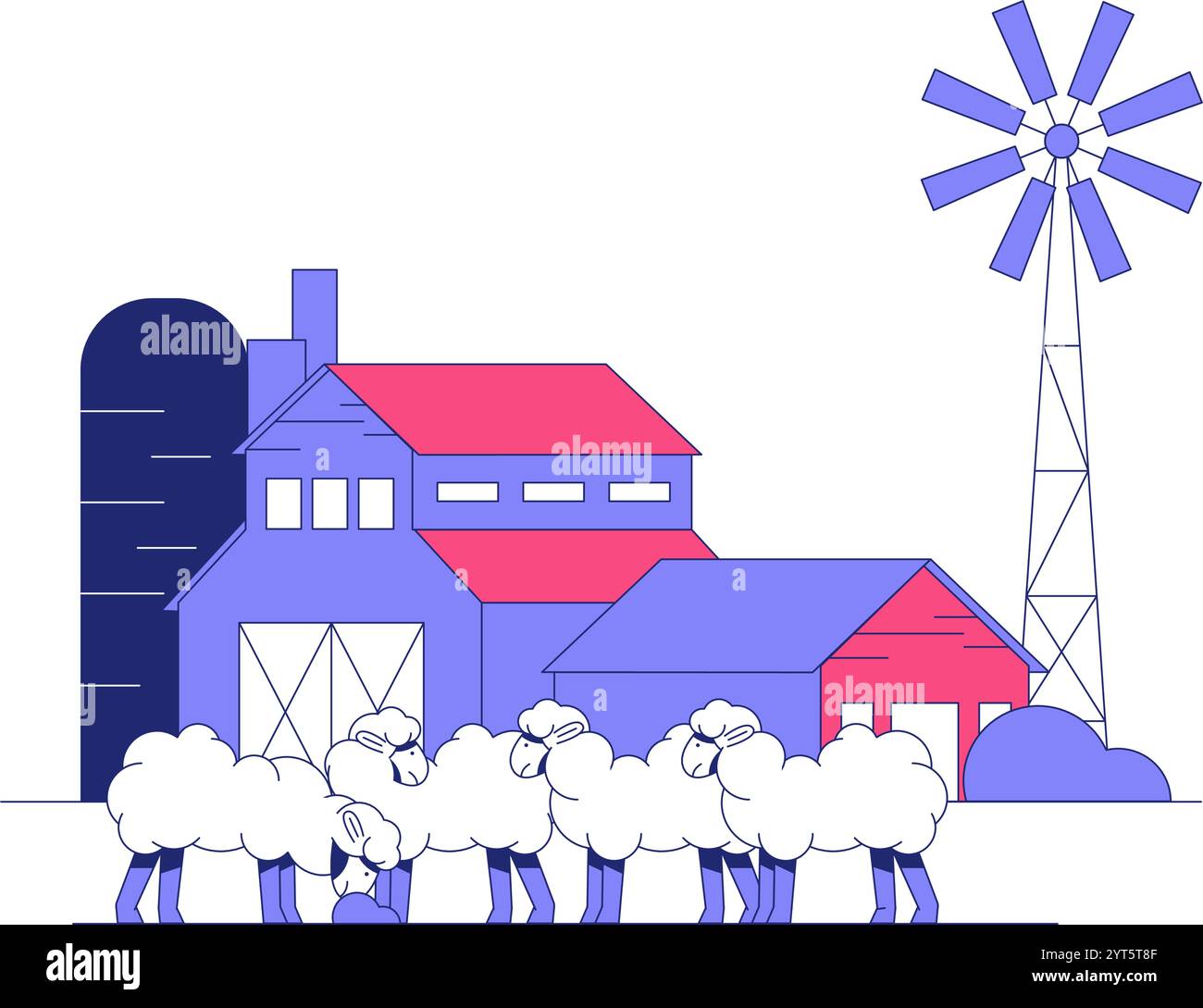 Illustrazione di Sheep and Barn in Flat Vector che simboleggia l'agricoltura rurale, l'agricoltura e la gestione del bestiame, isolata su sfondo bianco Illustrazione Vettoriale