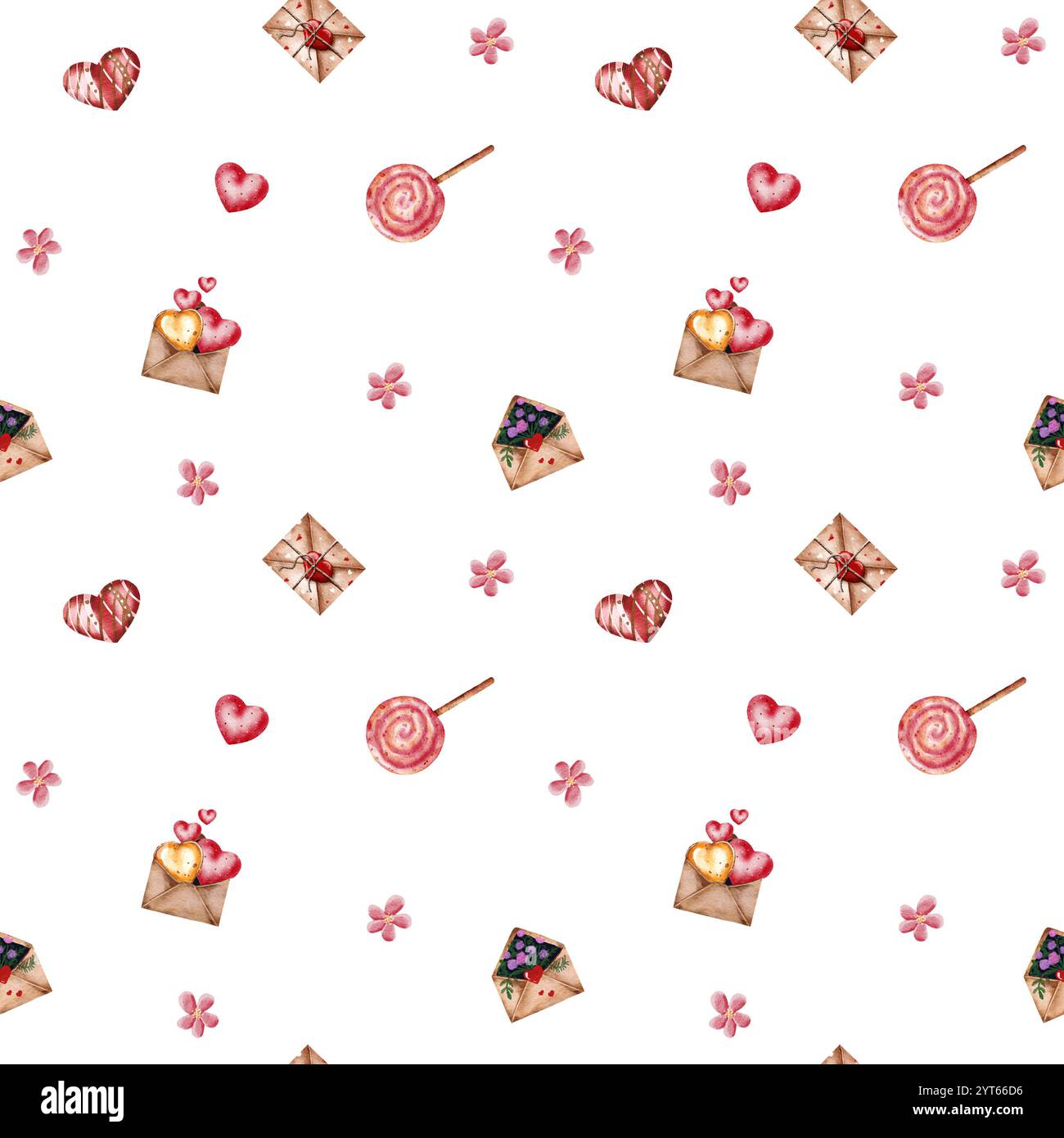 Motivo senza cuciture per San Valentino. Motivi ad acquerello con cuori, lecca lecca, buste con fiori e messaggi. Design per tessuti, cancelleria Foto Stock