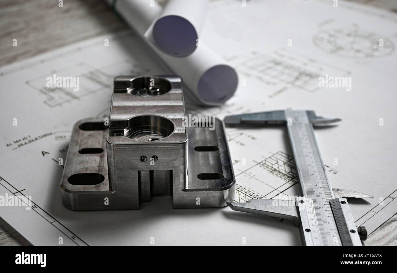 Parti metalliche lavorate su un disegno tecnico con un calibro, che mostra l'ingegneria e la produzione di precisione. Foto Stock