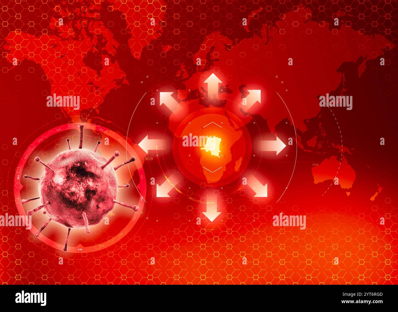 Nuovo virus, malattia sconosciuta dalla Repubblica Democratica del Congo. Mappa del mondo e virus simil-influenzale, febbre con alta mortalità. Africa, rendering 3d. Foto Stock