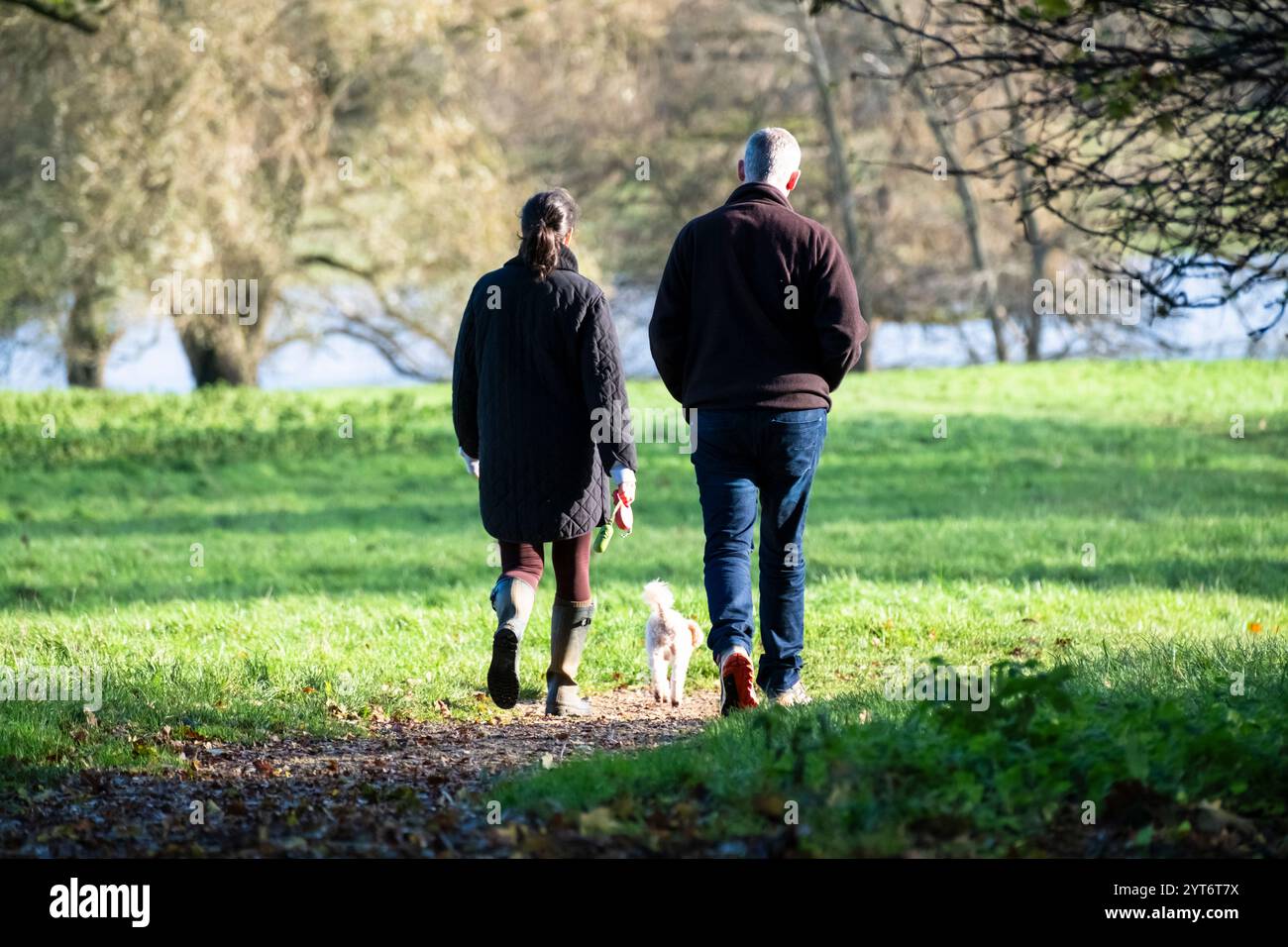 Uomo e donna che camminano con un cane in inverno sole wiltshire Countryside Regno Unito Foto Stock