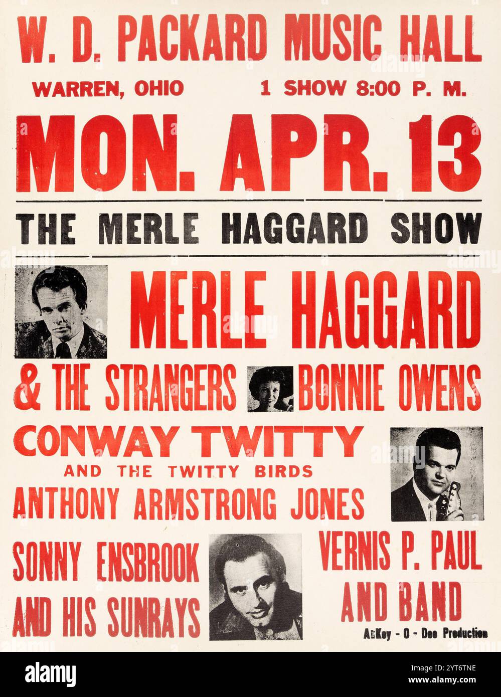 Merle Haggard & The Strangers, Conway Twitty 1970 Warren, Ohio - poster dei concerti d'epoca, stile boxe Foto Stock