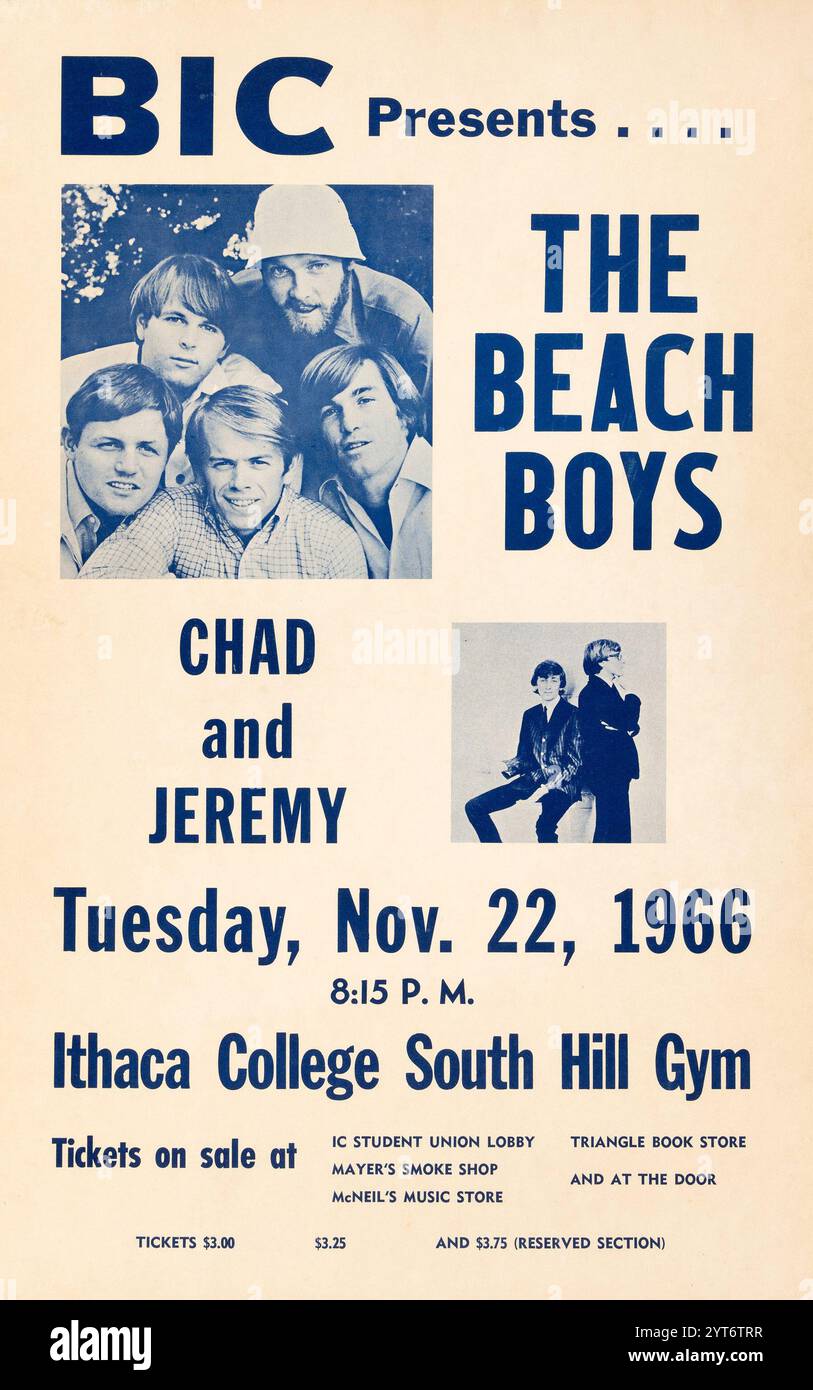 The Beach Boys, Chad & Jeremy 1966 Ithaca, New York, poster dei concerti d'epoca Foto Stock