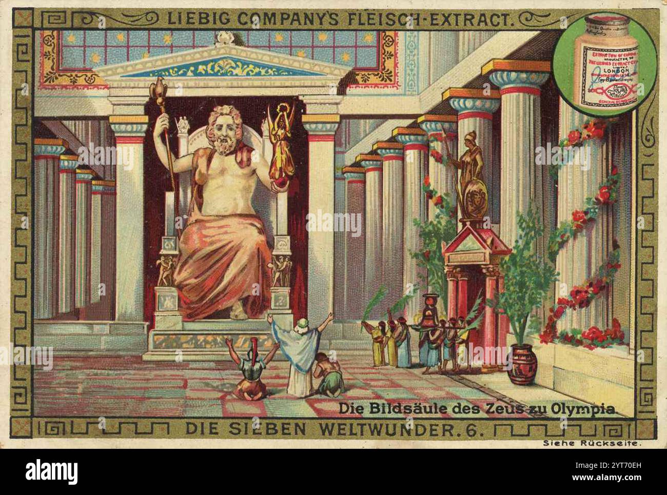Bildserie die sieben Weltwunder, die Bildsäule des Zeuss zu Olympia, Liebigbild, digital restaurierte Reproduktion eines Sammelbildes von ca 1900, gemeinfrei, genaues Datum unbekannt, Darstellung der Zeus-Statue in einem antiken griechischen Tempel mit Säulen und antikem Stil 1f-4851989 Foto Stock