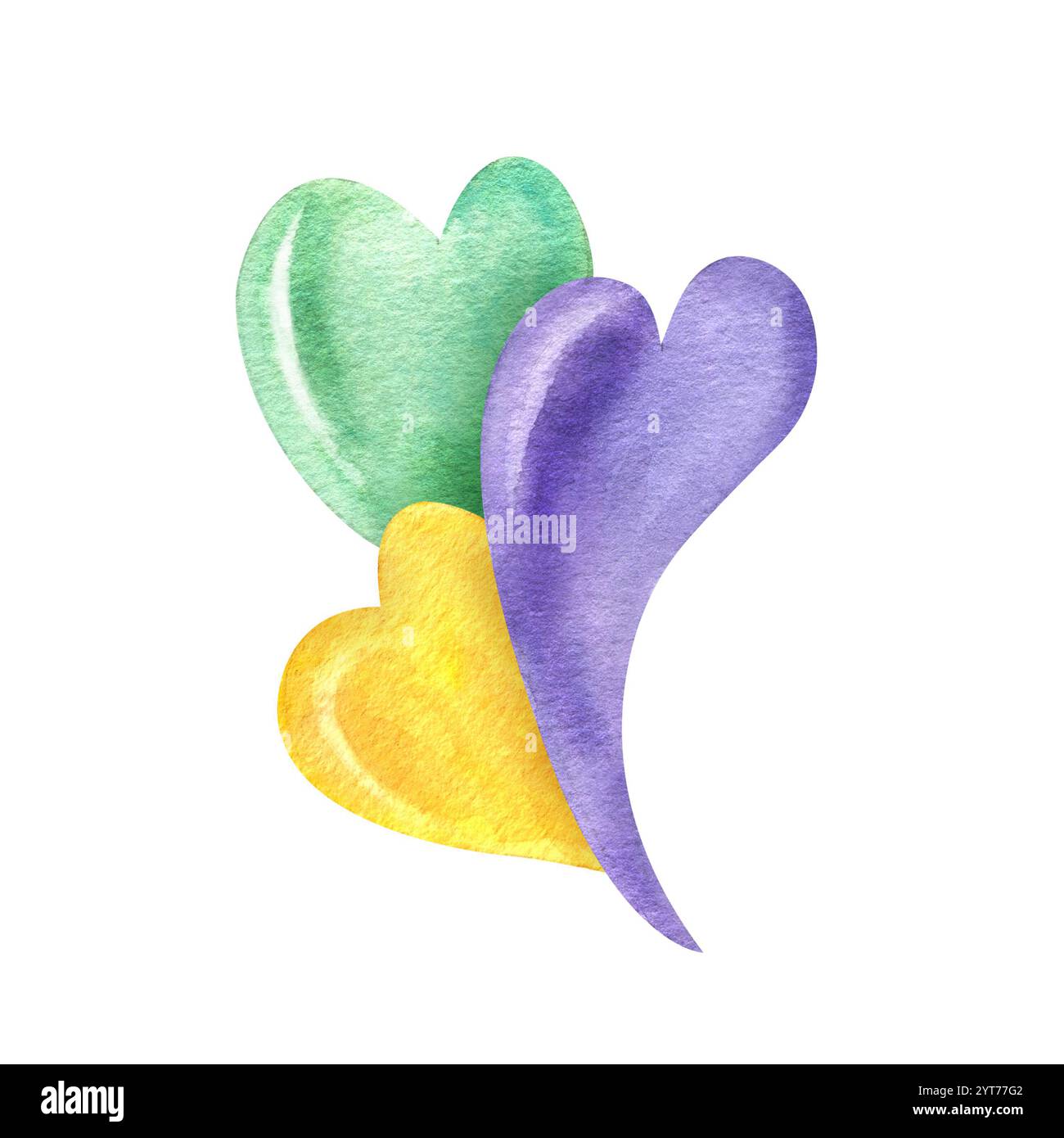 Illustrazione decorativa del carnevale dell'acquerello in oro, verde, viola. Tre vivaci coloratissimi composizione del cuore curvo per un modello di saluto Foto Stock