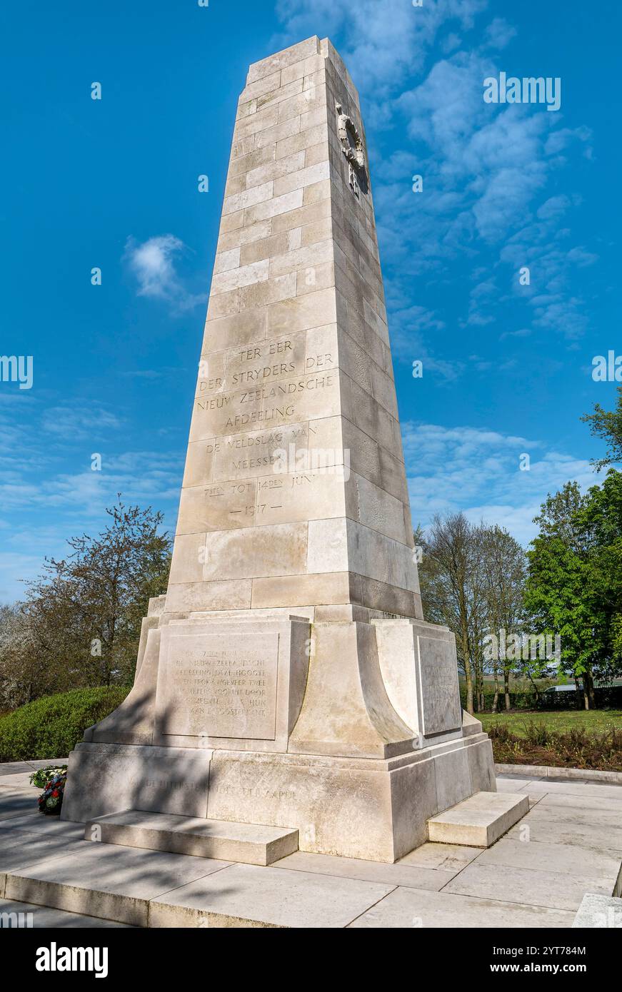 Mesen, colonna commemorativa della nuova Zelanda Division, il monumento neozelandese nel Memorial Park è in onore della nuova Zelanda Division che combatté qui nella prima guerra mondiale nella battaglia di Messines Ridge Foto Stock