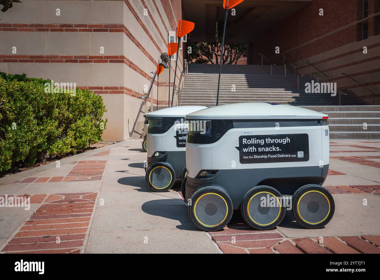 Due robot di consegna autonomi con bandiere si trovano su una passerella pavimentata presso l'UCLA. La scena include l'architettura in mattoni e pietra e gradini che portano a una costruzione Foto Stock