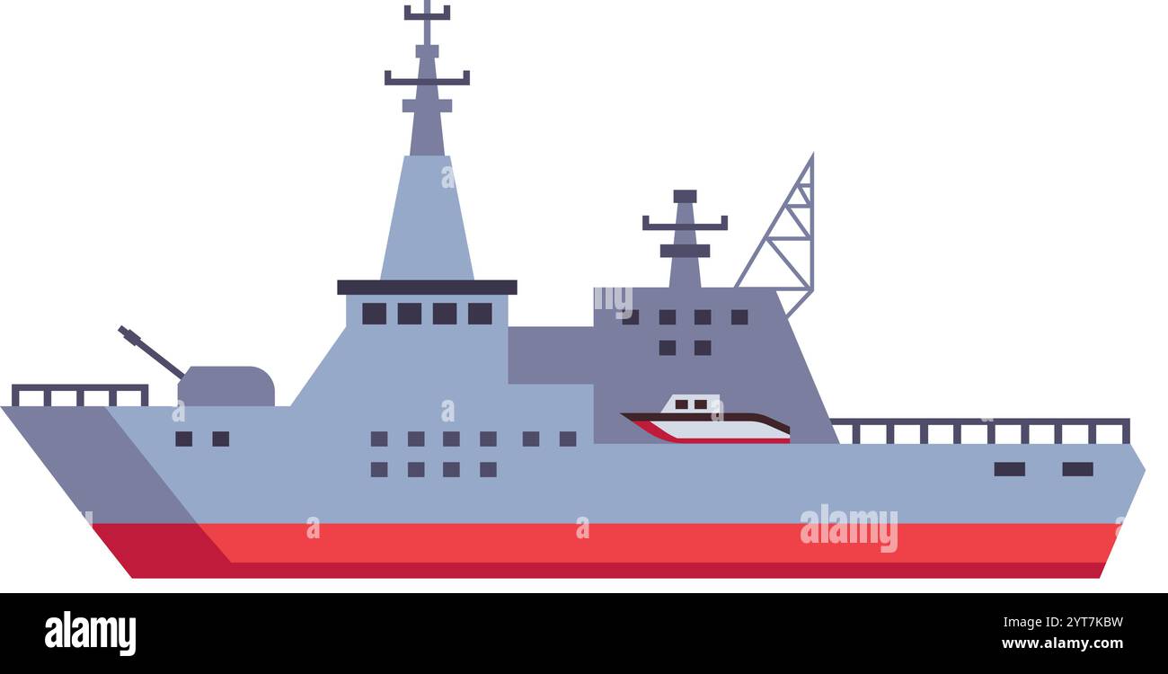 Moderna nave da guerra equipaggiata con armi avanzate e sistemi radar, pattugliando il mare e salvaguardando le frontiere marittime, garantendo la sicurezza nazionale Illustrazione Vettoriale