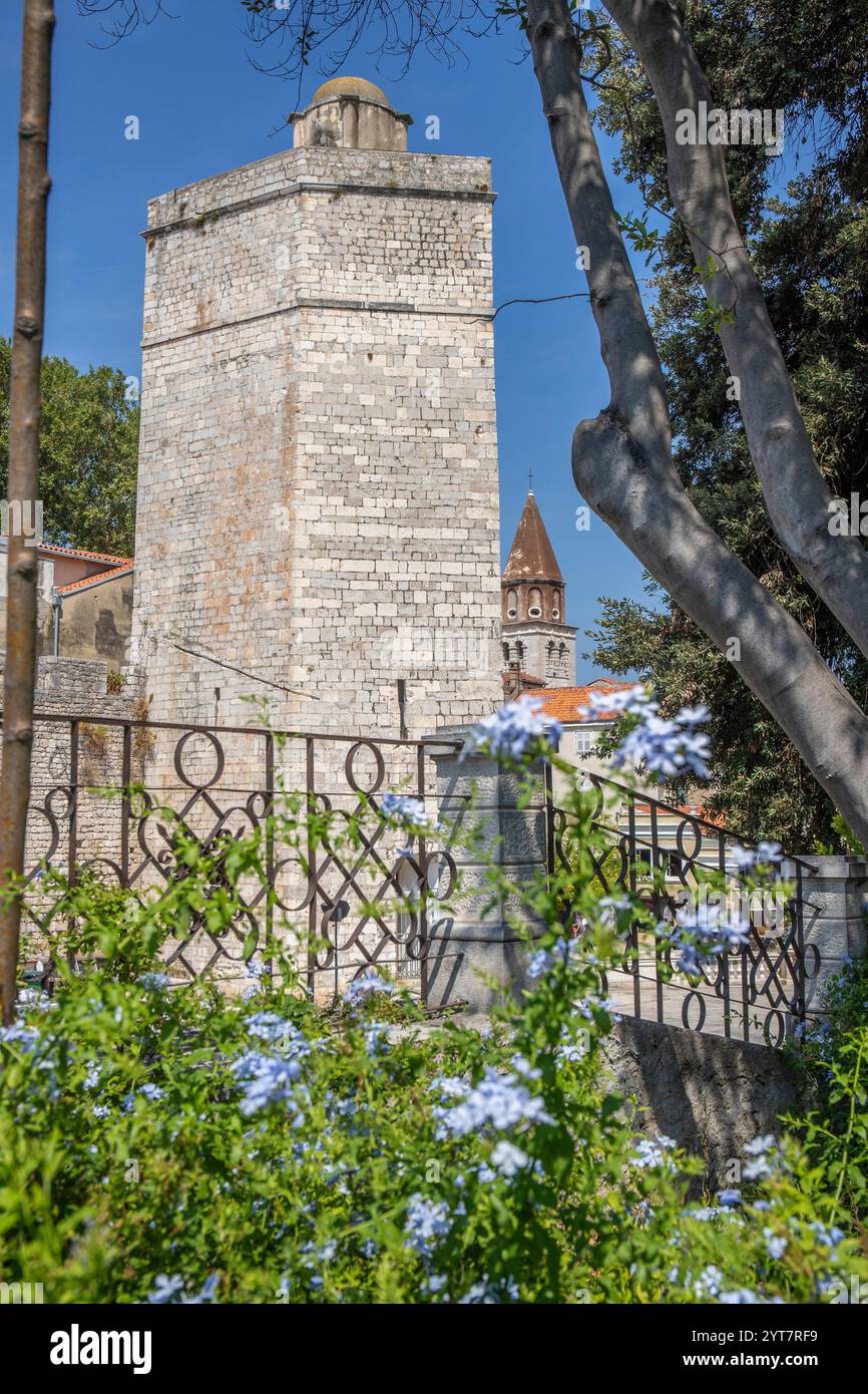 Piazza pubblica circondata da mura medievali della città con 5 magnifiche fontane in pietra del XVI secolo. Piazza delle cinque fontane Adriatico, Zara, Dalmazia, Croazia Foto Stock