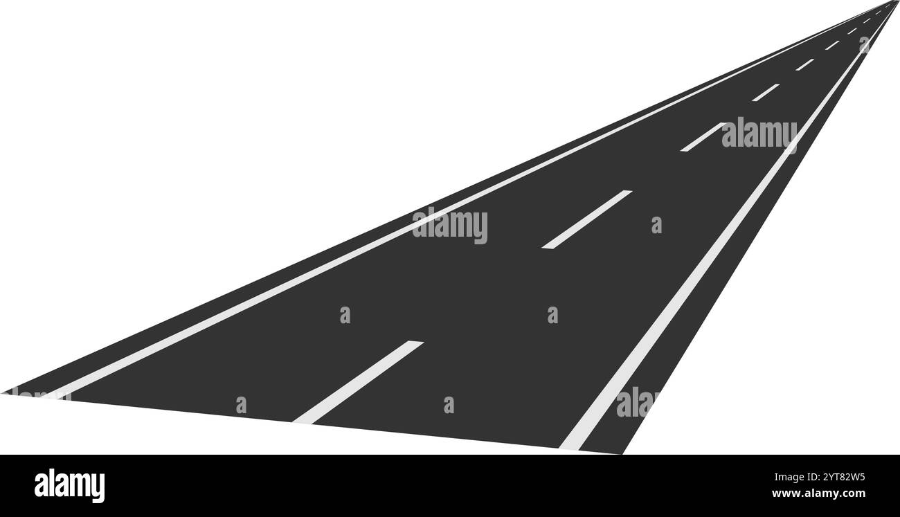 Lunga strada asfaltata rettilinea con linee bianche tratteggiate che scompaiono in lontananza, creando un punto di scomparsa che simboleggia il viaggio, il viaggio e il futuro Illustrazione Vettoriale