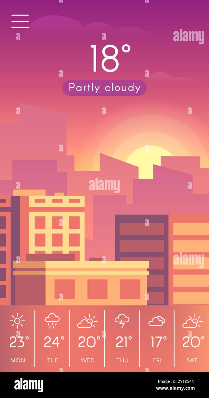 Applicazione meteo mobile che visualizza un tramonto parzialmente nuvoloso sullo skyline di una città, con previsioni settimanali che mostrano le diverse condizioni meteorologiche e. Illustrazione Vettoriale