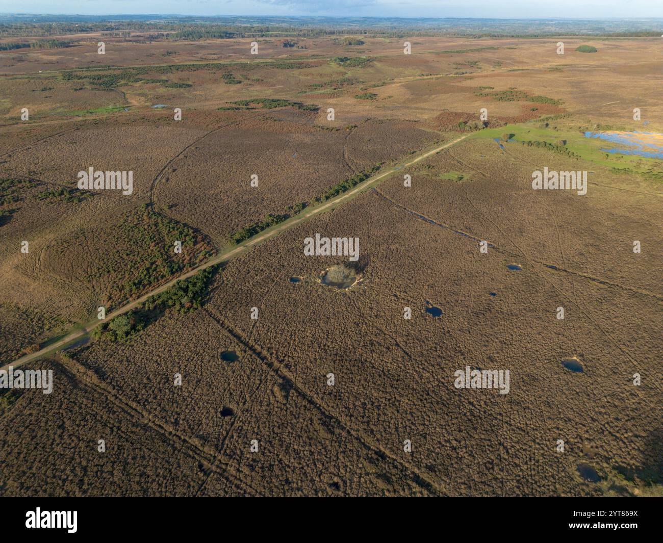 Vista aerea dei crateri della seconda guerra mondiale, Ashley Walk Bombing Range, Hampshire, Regno Unito. Foto Stock