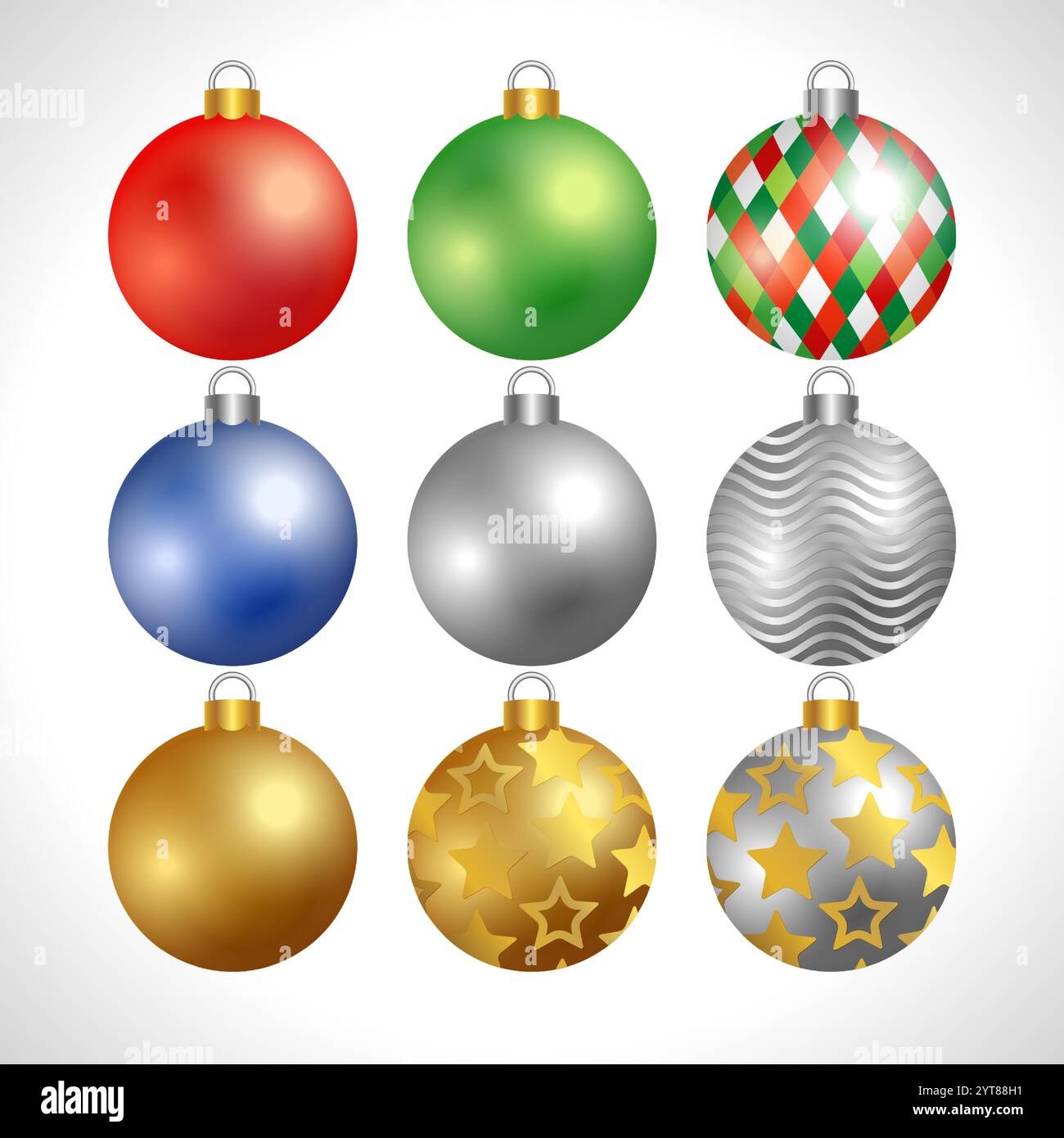 Set di palline colorate realistiche in stile 3D. Collezione di elementi per le vacanze. Icone natalizie grafiche Illustrazione Vettoriale