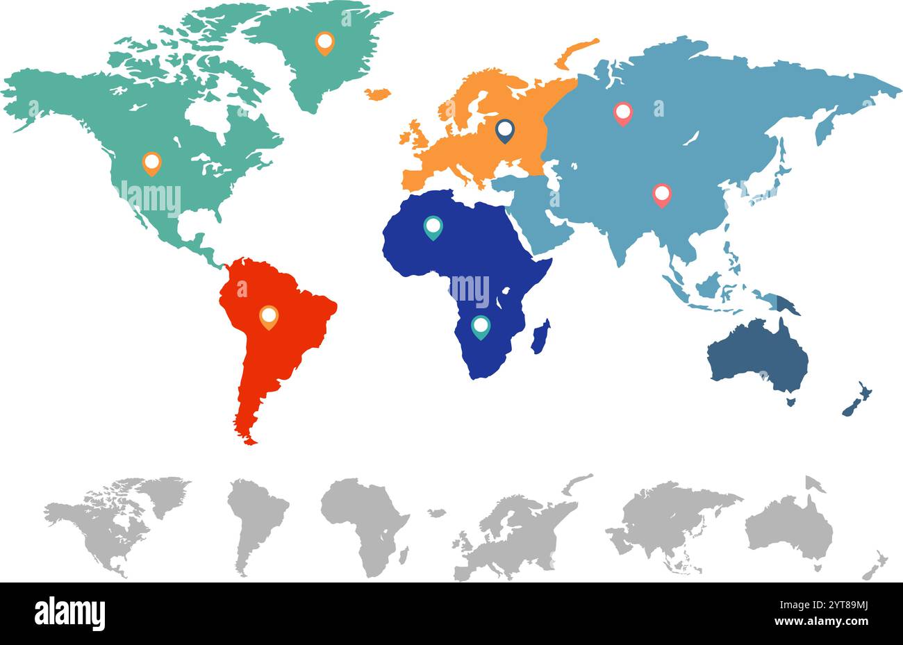 Mappa colorata del mondo che mostra i continenti con puntini di localizzazione, enfatizzando le connessioni globali e fornendo una rappresentazione visiva delle diverse regioni Illustrazione Vettoriale