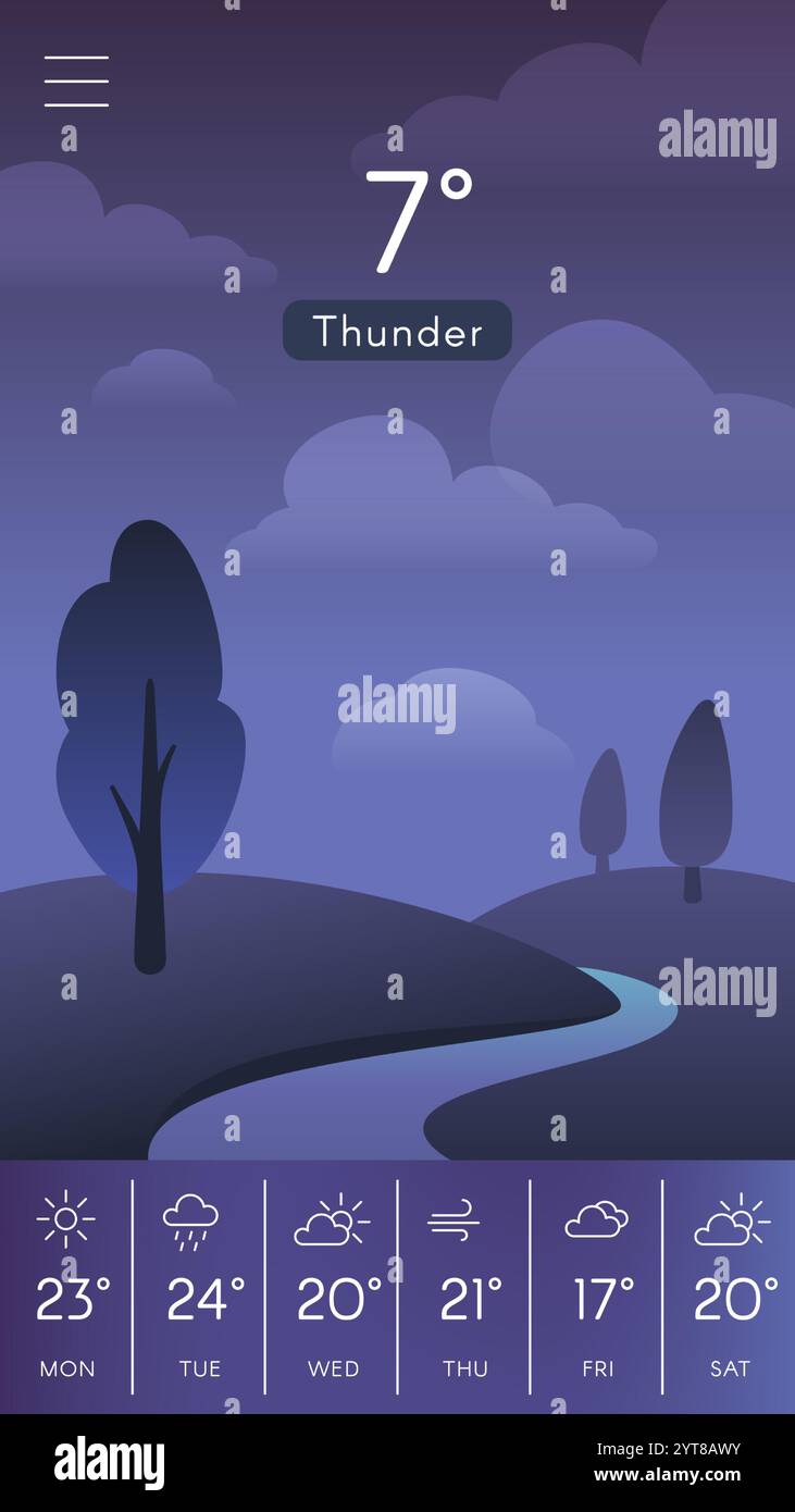 App previsioni meteo che mostra tempeste a 7 gradi celsius e previsioni meteo settimanali, tra cui sole, piovosità, nuvolosità e vento Illustrazione Vettoriale