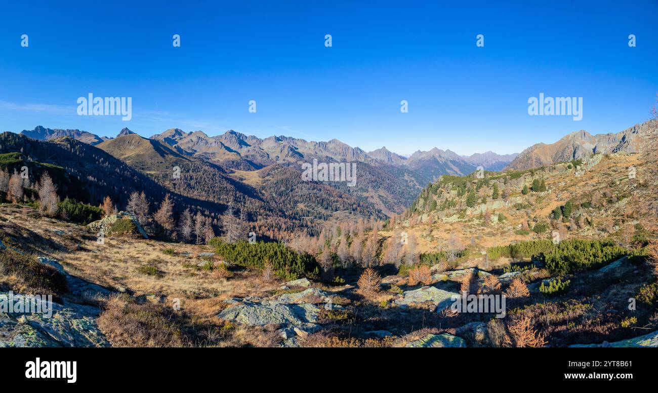 Una veduta verso nord dal passo delle cinque Croci con la parte settentrionale del Lagorai, provincia autonoma di Trento, Trentino, Italia Foto Stock