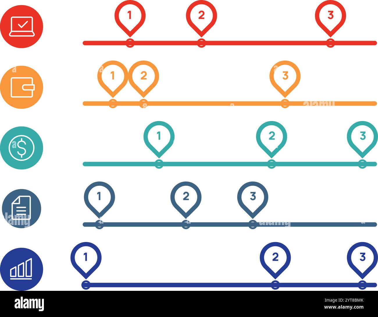 Infografica vivace con un processo a più fasi con marcatori numerati sulle linee temporali e icone che rappresentano le varie fasi, perfetta per la visualizzazione Illustrazione Vettoriale