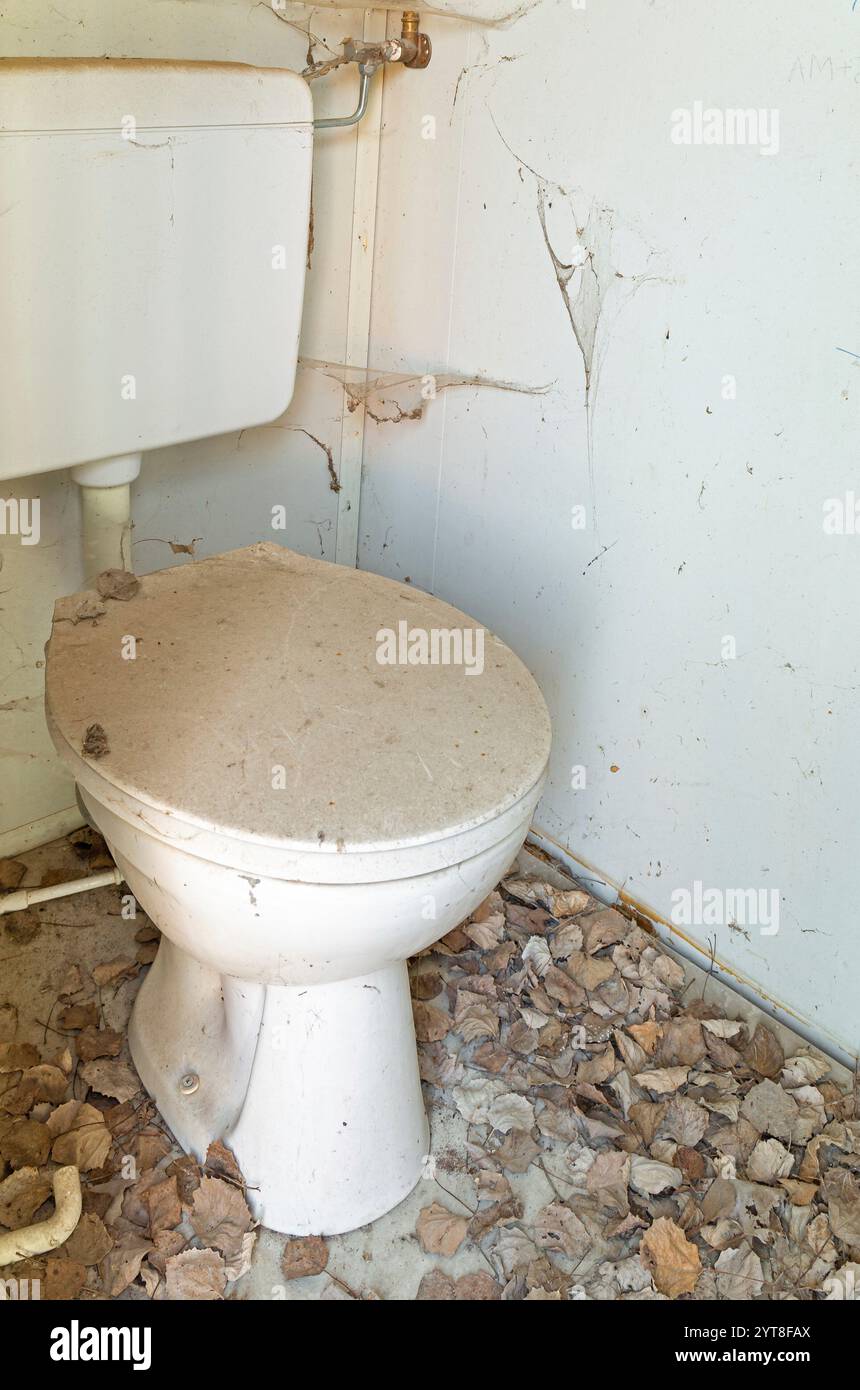 Uno sguardo all'interno di una toilette fatiscente Foto Stock