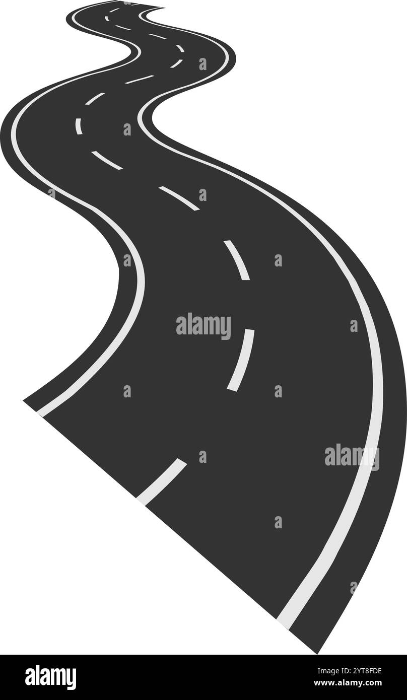 Lunga e tortuosa strada che si estende in lontananza, simboleggia viaggi e avventure mentre invita pensieri di viaggio e l'ignoto futuro in attesa Illustrazione Vettoriale