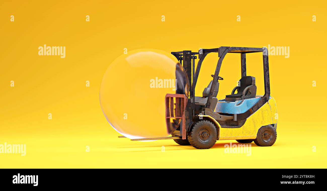 Immagine simbolica per trasporto e carico inefficaci con carrello elevatore a forche e una bolla, rendering 3D Foto Stock